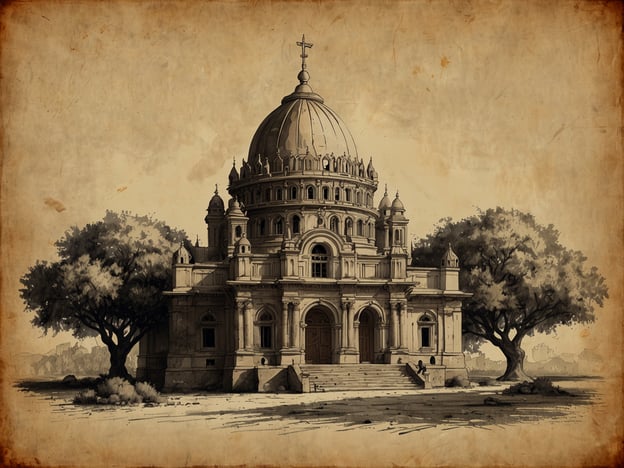 Auf dem Bild ist ein historisches Gebäude zu sehen, das an eine Kirche oder ein Mausoleum erinnert. Es hat eine große Kuppel und beeindruckende architektonische Details, einschließlich Säulen und spitz zulaufenden Türmen. Die umgebende Landschaft ist einfach gehalten, mit einigen Bäumen, die dem Gebäude einen ruhigen, nahezu nostalgischen Charakter verleihen.Ein Blick auf die historischen Wurzeln solcher Bauwerke zeigt, dass sie oft aus einer Mischung von religiösen und kulturellen Einflüssen entstanden sind. Die Verwendung von Kuppeln und Säulen ist beispielsweise typisch für byzantinische und römische Architektur, während die Verzierung an den Fassaden oft Elemente aus verschiedenen Epochen und Stilen integriert, die durch die Geschichte hindurch getragen wurden. Diese Bauwerke sind nicht nur religiöse Stätten, sondern auch Symbole von Macht, Frieden und Gemeinschaft, und erzählen viele Geschichten über die Kulturen, die sie geschaffen haben.