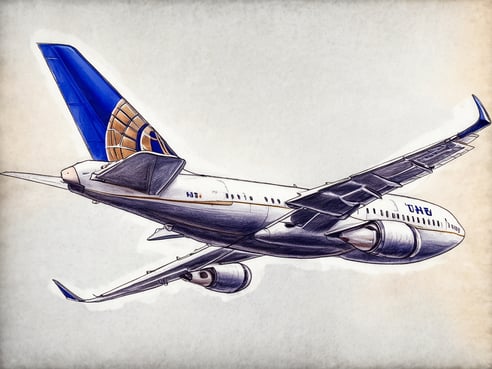 Ein Flugzeug von United Airlines fliegt gerade durch den Himmel. Die Rückseite des Flugzeugs zeigt das charakteristische blaue und goldene Logo der Airline. Die Tragflächen sind weit ausgebreitet, und das Flugzeug bewegt sich dynamisch nach oben. Der Hintergrund ist hell und neutrale Farben, was den Fokus auf das Flugzeug lenkt.