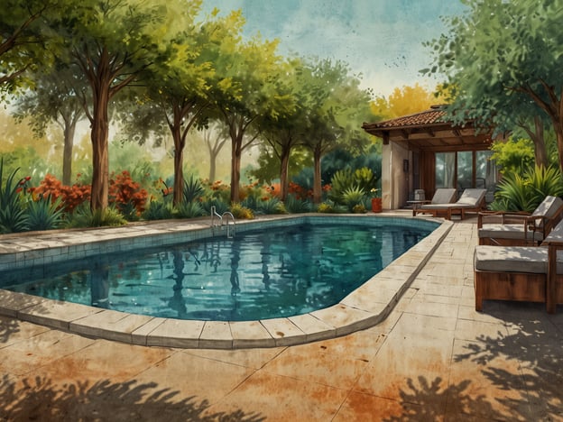 Auf dem Bild ist eine entspannende Wellness-Oase im Vital Spa & Garden zu sehen. Im Vordergrund befindet sich ein klarer Swimmingpool, umgeben von einer schönen Terrasse mit Liegen. Die prächtigen Bäume und bunten Blumen schaffen eine friedliche, natürliche Umgebung, die ideal für Erholung und Entspannung ist. Die sanfte Beleuchtung und die ruhige Atmosphäre laden dazu ein, die Seele baumeln zu lassen und den Alltagsstress hinter sich zu lassen.