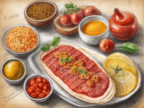 Auf dem Bild ist ein ansprechend angerichteter Teller mit verschiedenen Speisen zu sehen. In der Mitte liegt ein Stück Brot, belegt mit rohem oder dünn geschnittenem Fleisch, das mit Kräutern und kleinen Stückchen einer weiteren Zutat garniert ist. Rund um den Teller sind mehrere Schalen platziert, die unterschiedliche Beilagen zeigen. Dazu gehören eine Schale mit Reis, eine mit gebratenen Nudeln, ein Behälter mit einer gelben Sauce, sowie kleine Tomaten und eine Schale mit roten, runden Fruchtstücken. An der Seite liegen zwei Scheiben Zitrone, die frisch aussehen und zusammen mit einem kleinen Topf, der vermutlich mit einer weiteren Sauce gefüllt ist, das Gesamtbild abrunden. Die Farben sind lebendig und die Anordnung der Speisen wirkt sehr einladend.