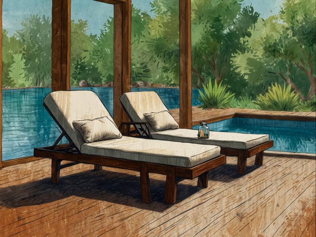 Auf dem Bild sind zwei Liegen im Wellnessbereich zu sehen, die auf einer Holzterrasse stehen. Der Blick geht auf einen Pool, der von einer ruhigen, natürlichen Umgebung umgeben ist. Die Liegen sind mit Kissen ausgestattet und laden zu entspannenden Stunden ein. Diese Szenerie bietet Erholung pur im Wellnessbereich und vermittelt ein Gefühl von Ruhe und Gelassenheit.