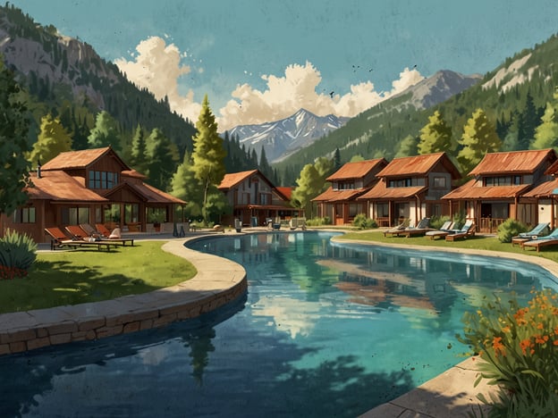 Auf dem Bild sieht man eine malerische Landschaft mit mehreren Hütten am Rand eines glitzernden Pools. Die Umgebung ist von hohen Bergen und dichten Wäldern umgeben, was eine entspannende Atmosphäre schafft. Gäste könnten am Pool entspannen, die Sonne genießen, schwimmen oder Spaziergänge in der Natur machen. Aktivitäten im Dorint Resort könnten auch Wanderungen, Wellness-Angebote oder kulinarische Erlebnisse umfassen, die die entspannte Urlaubsstimmung abrunden.