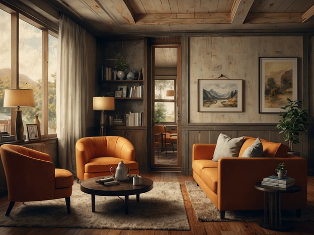 Das Bild zeigt eine gemütliche Innenansicht eines Raumes mit bequemen Möbeln. Zu sehen sind zwei orangefarbene Sessel und ein orangefarbenes Sofa, die um einen runden Tisch angeordnet sind. Der Raum ist hell und freundlich gestaltet, mit großen Fenstern, die natürliches Licht hereinlassen. Die Wände sind in einem rustikalen Stil gehalten, und es gibt mehrere dekorative Elemente wie Bücherregale, Pflanzen und Kunstwerke an den Wänden. Diese komfortable Unterkunft bietet einen angenehmen Aufenthalt und lädt ein, sich zu entspannen und zu verweilen.