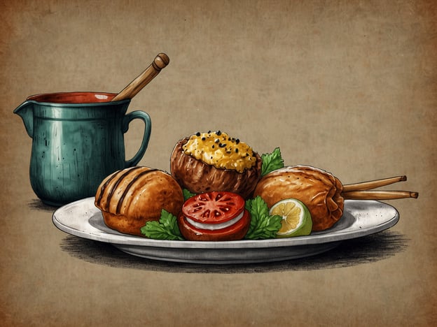 Auf dem Bild sind appetitliche kulinarische Genüsse zu sehen, die in einem hauseigenen Restaurant serviert werden könnten. Es handelt sich um verschiedene Speisen, die kunstvoll auf einem Teller angerichtet sind. Dazu gehört eine gefüllte Teigtasche, eventuell mit würzigem Inhalt, sowie Fleischspieße, die von frischem Gemüse und Kräutern begleitet werden. Eine kleine Kelle mit einer Sauce deutet darauf hin, dass diese Gerichte perfekt zum Dippen sind. Die Präsentation wirkt ansprechend und einladend, ideal für ein stilvolles Restaurantambiente.
