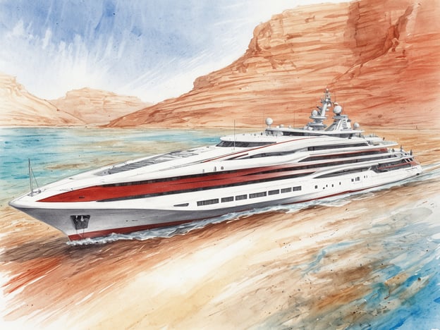 Ein futuristisches, elegantes Luxusyacht-Design fährt durch ruhiges Wasser, umgeben von majestätischen, rot-orangenen Felsen. Die Yacht hat eine schmale, aerodynamische Form und ist mit modernen Details wie großen Fenstern und einer glänzenden Oberfläche ausgestattet. Im Hintergrund sind die sanften Wellen des Wassers in verschiedenen Blautönen zu sehen, während der Himmel eine leichte Wolkenzeichnung aufweist, die eine friedliche Atmosphäre schafft.