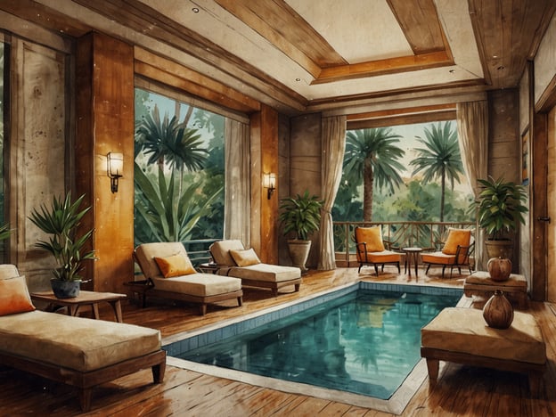 Auf dem Bild ist ein elegantes Wohnzimmer mit einem kleinen Pool im Vordergrund zu sehen. Die große Fensterfront ermöglicht einen Blick auf grüne Palmen und schafft eine helle, einladende Atmosphäre. Die Möbel sind stilvoll und modern, darunter bequeme Liegen und zwei gemütliche Sessel, die zum Entspannen einladen.
Gäste haben oft die ruhige und entspannende Umgebung gelobt, die ideal für Erholung und Entspannung ist. Viele schätzen den direkten Zugang zur Natur durch die großen Fenster, was das Gefühl von Freiheit und Weite vermittelt.
Das Zimmer könnte möglicherweise Auszeichnungen für sein Design oder seine außergewöhnliche Gastfreundschaft erhalten haben, die durch die geschmackvolle Inneneinrichtung und die harmonische Gestaltung unterstrichen werden. Solche Auszeichnungen zeugen von einem hohen Standard und einer hochwertigen Erfahrung für die Gäste.
