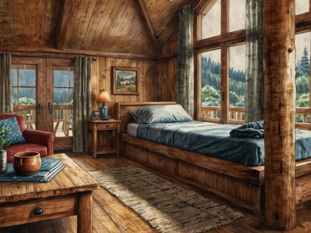 Auf dem Bild ist ein gemütlicher Raum im Landhausstil zu sehen. Der Raum verfügt über große Fenster, die viel Tageslicht hereinlassen und einen Blick auf die Natur bieten. Es gibt ein einfaches Bett mit einer blauen Bettdecke, einen kleinen Nachttisch mit einer Lampe und ein gepolstertes Sofa in einem warmen Rotton. Auf einem Holztisch liegen einige Bücher und eine dekorative Schale. Der Holzfußboden und die Wände verleihen dem Raum eine behagliche Atmosphäre. Dieses Ambiente könnte für einen Kurzurlaub in einer romantischen Berghütte oder einem erholsamen Retreat ideal sein.