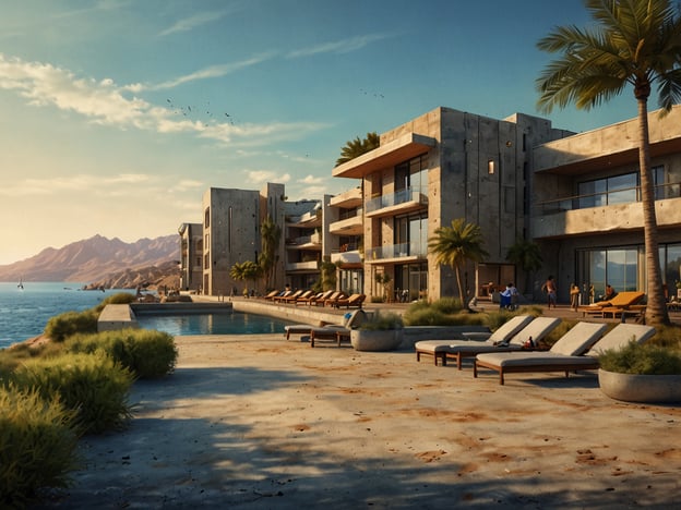 Auf dem Bild ist ein modernes Resort oder Hotel in einer malerischen Küstenlage zu sehen. Es zeichnet sich durch große, gläserne Fassaden und einen minimalistischen Baustil aus. Der Poolbereich ist einladend gestaltet, umgeben von Liegen und Palmen, was eine entspannte Atmosphäre für Erholung bietet. Die Nähe zum Wasser und die Aussicht auf die Berge im Hintergrund machen es auch zu einem idealen Ort für geschäftliche Veranstaltungen oder Konferenzen. Insgesamt wirkt der Ort perfekt für sowohl entspannende Urlaube als auch geschäftliche Aufenthalte.