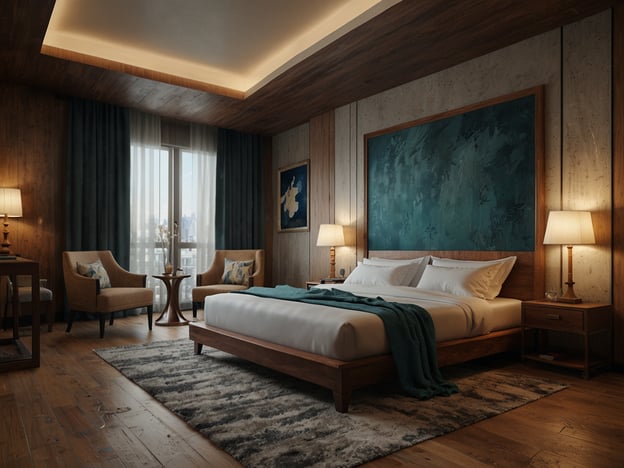 Auf dem Bild ist ein stilvolles Schlafzimmer zu sehen. Es verfügt über ein großes Bett mit weißer Bettwäsche und einer grünen Decke. An den Wänden sind Holz- und Betonelemente zu erkennen, die dem Raum eine moderne Atmosphäre verleihen. Neben dem Bett befinden sich Nachttische mit Lampen, und es gibt gemütliche Sessel sowie einen kleinen Tisch. Große Fenster lassen viel Tageslicht herein, und ein Teppich sorgt für Gemütlichkeit. Dieses Zimmer bietet vielfältige Angebote für jeden Bedarf, sei es für einen entspannenden Aufenthalt oder eine geschäftliche Reise.