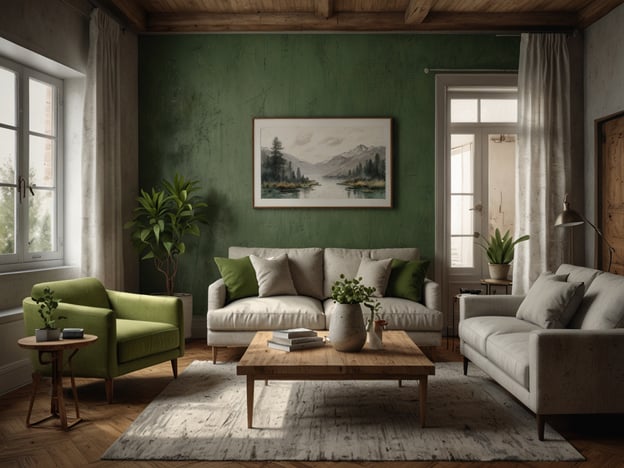 Auf dem Bild ist ein modernes Wohnzimmer mit einer einladenden Atmosphäre zu sehen. Die Wände sind in einem sanften Grün gestrichen, was dem Raum eine frische Note verleiht. Es gibt ein helles Sofa und einen bequemen, grünen Sessel, die beide mit Kissen dekoriert sind. Der Holztisch in der Mitte ist minimalistisch und bietet Platz für Bücher und Pflanzen. Außerdem sind große Fenster vorhanden, die viel Tageslicht hineinlassen und eine Verbindung zur Natur herstellen. Die Kombination aus Holz und Pflanzen bringt eine harmonische, gemütliche Stimmung in den Raum.