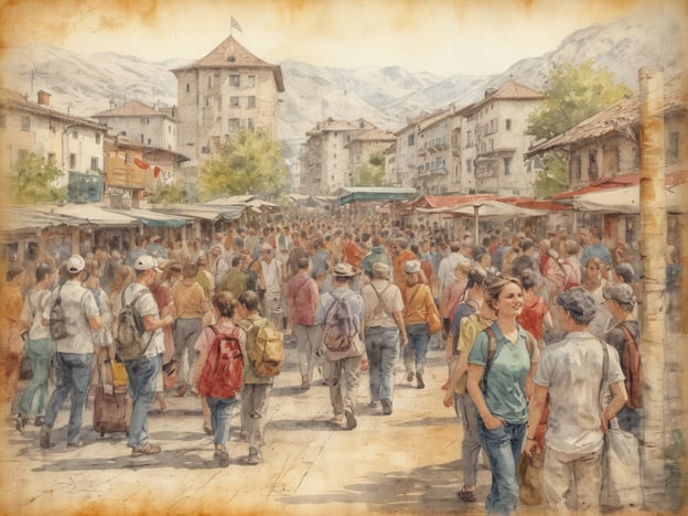 Ein belebter Marktplatz mit vielen Touristen, die in verschiedenen Richtungen gehen. Im Vordergrund sind Menschen mit Rucksäcken und Taschen, einige halten ihre Telefone in der Hand. Die Szenerie wird von historischen Gebäuden und Bergen im Hintergrund umgeben. Stände sind auf beiden Seiten des Platzes aufgestellt, teilweise mit roten und grünen Überdachungen. Es ist ein sonniger Tag, und die Stimmung ist lebhaft und freundlich.