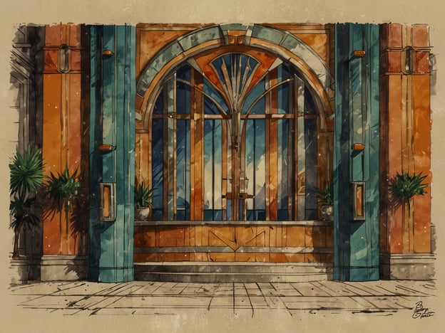 Auf dem Bild ist ein Eingangsbereich im Art-Deco-Stil zu sehen. Die Gestaltung zeichnet sich durch elegante, geometrische Formen und eine Kombination aus warmen Farben aus. Große Fenster mit dekorativen Elementen und Pflanzen an den Seiten verleihen dem Ambiente eine stilvolle und einladende Atmosphäre. Der gesamte Look strahlt eine nostalgische Eleganz aus, die typisch für das Art-Deco-Design ist.