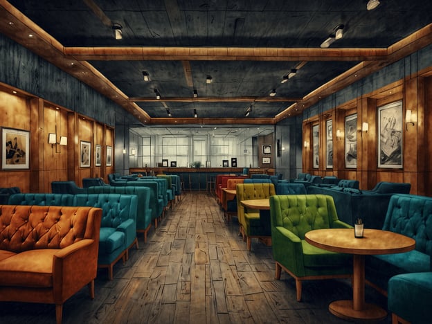 Das Bild zeigt einen modernen Veranstaltungsraum oder eine Lounge mit stilvollen Sitzbereichen. Die Einrichtung besteht aus gemütlichen, farbenfrohen Sofas und Tischen, die sich gut für informelle Treffen oder Geschäftsgespräche eignen. Die Kombination aus Holz- und Metallakzenten sowie die stimmungsvolle Beleuchtung schaffen eine einladende Atmosphäre. Dieser Raum könnte ideal für Networking-Events, kleinere Konferenzen oder entspannte Geschäftstreffen genutzt werden.