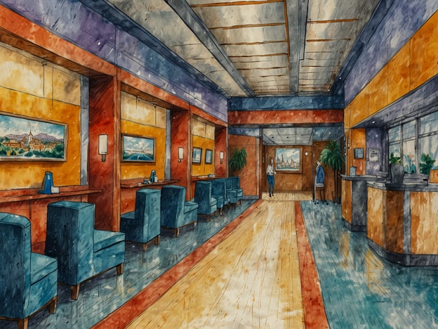 Auf dem Bild ist eine modern gestaltete Lobby zu sehen, die optimal für Geschäftsreisen und Freizeit geeignet ist. Der Raum hat eine freundliche Atmosphäre mit bequemen blauen Sesseln und stilvollen Wandbildern. Diese Umgebung lädt sowohl zur Entspannung als auch zu geschäftlichen Gesprächen ein. Der Empfangsbereich ist gut beleuchtet und strukturiert, was einen einladenden ersten Eindruck vermittelt. Pflanzen fügen eine frische Note hinzu, die zur Entspannung beiträgt.