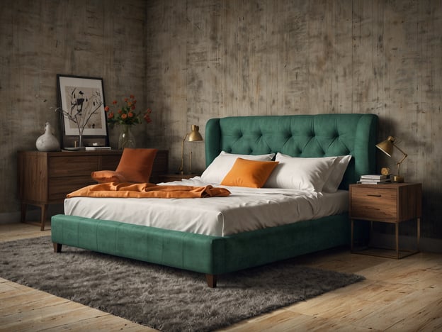 Auf dem Bild ist ein modernes Schlafzimmer zu sehen, das für höchsten Komfort eingerichtet ist. Es verfügt über ein großes, weiches Bett mit einem grünen gepolsterten Kopfteil, das durch orangefarbene Akzentkissen ergänzt wird. Neben dem Bett stehen zwei Nachttische aus Holz, auf denen dekorative Elemente wie eine Lampe und eine Vase mit Blumen stehen. Der Boden ist mit einem flauschigen Teppich bedeckt, und die Wände haben einen rustikalen, strukturierten Look. Insgesamt strahlt der Raum eine gemütliche und stilvolle Atmosphäre aus.
