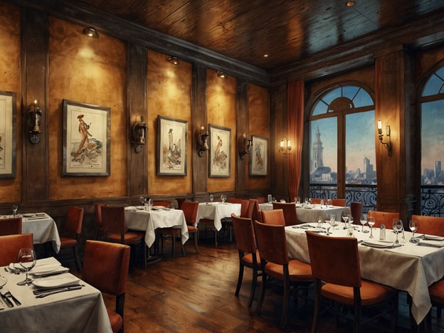 Auf dem Bild ist ein stilvolles Hotelrestaurant zu sehen, das eine gemütliche und elegante Atmosphäre ausstrahlt. Die Wände sind in warmen Tönen gestaltet und mit kunstvollen Bildern verziert. Die Tische sind edel eingedeckt mit weißen Tischdecken, Besteck und Gläsern, was auf ein kulinarisches Erlebnis hindeutet. Große Fenster bieten einen herrlichen Blick auf die Stadt, was dem Restaurant eine besondere Note verleiht. Die insgesamt einladende Einrichtung lässt darauf schließen, dass hier ein außergewöhnliches gastronomisches Erlebnis geboten wird.