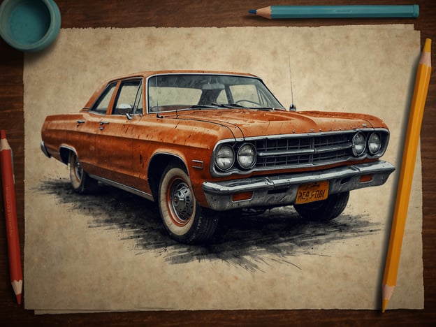 Auf dem Bild ist ein klassisches Auto zu sehen, das in einem orangefarbenen Farbton lackiert ist. Es handelt sich um eine Illustration, die den Wagen detailliert darstellt, mit Augenmerk auf die Karosseriestruktur und die Räder. Im Hintergrund sind Bleistifte und ein Farbtopf sichtbar, was darauf hindeutet, dass es sich um eine Zeichnung oder Skizze handelt. Die gesamte Komposition vermittelt eine künstlerische Atmosphäre.