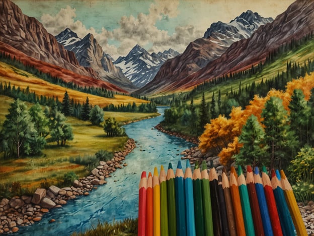 Auf dem Bild ist eine wunderschöne Landschaft mit Bergen, einem ruhigen Fluss und üppigem Grün zu sehen. Die Farben des Gemäldes sind lebendig und schaffen eine einladende Atmosphäre.Positive Gästebewertungen könnten lauten:"Die Landschaft ist einfach atemberaubend! Man fühlt sich sofort entspannt und inspiriert.""Die Farben sind so lebhaft, dass ich das Gefühl habe, direkt in die Natur eintauchen zu können.""Die Kombination aus Bergen und Wasser bietet eine wunderbare Kulisse, ideal zum Entspannen und Genießen."Zusätzlich sehen wir eine Reihe von Buntstiften, die einen kreativen Aspekt hinzufügen und die Möglichkeit unterstreichen, diese schöne Szene selbst zu gestalten.