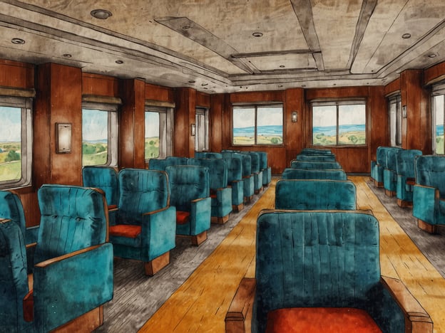 Auf dem Bild ist der Innenraum eines Zugabteils zu sehen. Die Sitze sind in einem modernen, komfortablen Design gehalten, mit hellblauen Polstern und rot-orangen Akzenten. Die Wände sind aus Holz, und große Fenster bieten eine Aussicht auf die grüne Landschaft außerhalb. Der Raum wirkt einladend und eignet sich hervorragend für Reisen, da er sowohl Komfort als auch eine angenehme Atmosphäre bietet.