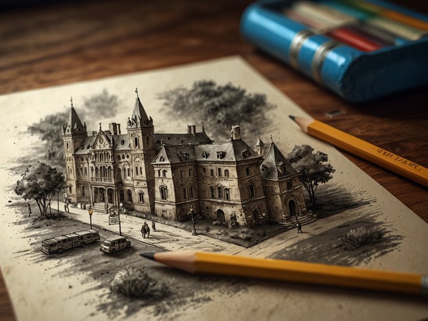 Auf dem Bild ist eine Zeichnung eines historischen Gebäudes zu sehen, das an ein Schloss oder ein historisches Rathaus erinnert. Um das Gebäude herum sind Bäume und Straßenverlauf angedeutet, sowie einige Menschen und Fahrzeuge, die das lebendige Umfeld illustrieren. Die zentrale Lage des Gebäudes lässt darauf schließen, dass es in einer Stadt oder Gemeinde positioniert ist, was eine einfache Erreichbarkeit für Besucher ermöglichen könnte. Die Darstellung vermittelt einen nostalgischen Charakter und könnte ein beliebter Ort für Besichtigungen oder gesellschaftliche Ereignisse sein.