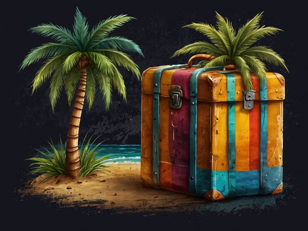 Auf dem Bild ist ein bunter Koffer zu sehen, der von Palmen umgeben ist und in einer tropischen Umgebung steht. Diese visuelle Darstellung könnte perfekt Werbung für spezielle Pakete und Angebote für unvergessliche Aufenthalte in tropischen Reisezielen darstellen, wo man Abenteuer, Entspannung und die Schönheit der Natur genießen kann. Ideal, um in die Urlaubsstimmung einzutauchen!