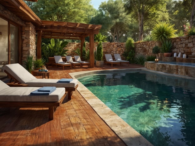 Auf dem Bild ist ein wunderschöner Bereich im Freien zu sehen, der ideal für Entspannung und Wellness im Hotel ist. Im Vordergrund befinden sich gemütliche Liegen, die einladend wirken, um sich zu entspannen und die Ruhe zu genießen. Der Pool ist klar und erfrischend, umgeben von einer üppigen, grünen Vegetation, die eine beruhigende Atmosphäre schafft. Diese Umgebung ist perfekt, um sich vom Alltagsstress zu erholen und neue Energie zu tanken. Der Gesamteindruck strahlt ein Gefühl von Frieden und Komfort aus, ideal für eine Wellness-Oase im Hotel.