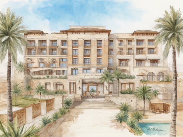 Das Bild zeigt eine künstlerische Darstellung eines neuen Luxushotels auf Al Marjan Island, das im Jahr 2028 eröffnet werden soll. Die Architektur des Hotels kombiniert moderne Elemente mit traditionellen arabischen Designelementen. Die Fassade ist in warmen, neutralen Farben gehalten und weist große Fenster sowie Balkone auf. Um das Hotel herum sind palmenbesäumte Bereiche und grüne Landschaften zu sehen, die eine einladende Atmosphäre schaffen. Im Vordergrund befindet sich ein Zugang zum Hotel mit einer stilvollen Treppe und einem kleinen Pool. Der Himmel ist blau und klar, was eine sonnige Umgebung suggeriert.