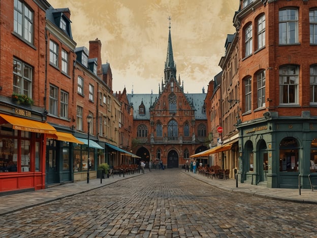 Auf dem Bild ist eine malerische Straße mit alten Backsteinhäusern und belebten Cafés zu sehen. Im Hintergrund befindet sich ein beeindruckendes Gebäude mit einem hohen Turm, das die zentrale Lage im Herzen von Bremen verkörpert. Die gepflasterte Straße und die bunten Markisen der Geschäfte verleihen der Szene einen charmanten Charakter.