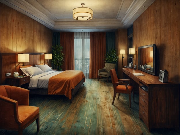 Auf dem Bild sind gemütliche Zimmer und Suiten zu sehen, die für jeden Bedarf geeignet sind. Der Raum verfügt über ein großes Bett mit weißen und orangefarbenen Bettwaren, eine elegante Holzverkleidung an den Wänden und große Fenster, durch die viel Licht einfällt. Es gibt einen Schreibtisch mit einem Stuhl, eine gemütliche Sitzecke und Pflanzen, die eine einladende Atmosphäre schaffen. Die Beleuchtung wirkt warm und beruhigend.