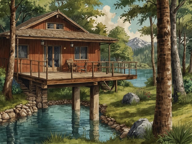 Auf dem Bild ist ein charmantes Holzhaus zu sehen, das auf Stelzen am Ufer eines ruhigen Gewässers gebaut ist. Umgeben von üppigem Grün, bietet die Szenerie eine friedliche Naturkulisse mit Bäumen und Bergen im Hintergrund. Auf der Veranda des Hauses stehen gemütliche Stühle, die zu Entspannung und Ausblick einladen.
Dieses friedliche Ambiente bietet umfangreiche Freizeit- und Wellnessangebote. Man könnte beispielsweise am Wasser entspannen, angeln oder kleine Bootstouren unternehmen. In der Umgebung laden Wanderwege dazu ein, die Natur zu erkunden und frische Luft zu tanken. Solche Rückzugsorte bieten oft auch die Möglichkeit für Meditation und Yoga im Freien, was zur Entspannung und Erholung beiträgt.