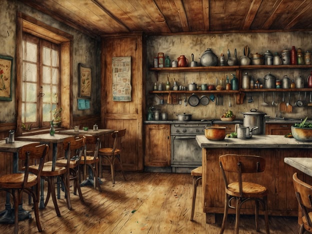 Auf dem Bild ist eine einladende und rustikale Küche zu sehen. Die Wände und Regale sind aus Holz, und die Einrichtung vermittelt ein warmes, gemütliches Ambiente. Es gibt zahlreiche Kochutensilien, Töpfe und Zutaten, die auf eine vielfältige Gastronomie hindeuten, die in einem Ort wie Hillmann's Bar & Bistro stattfinden könnte. Die Tische und Stühle aus Holz laden zum Verweilen und Genießen ein, während die große Fensterfront viel Tageslicht hereinlässt, was die Atmosphäre nochmals auflockert.