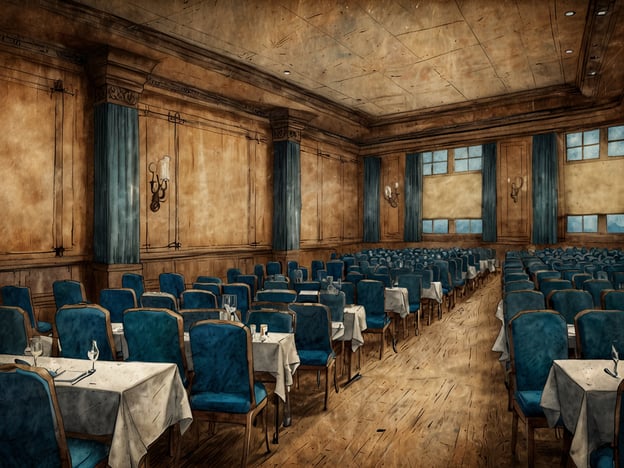 Auf dem Bild ist ein eleganter eventraum zu sehen, der für beeindruckende Veranstaltungen und Tagungen geeignet ist. Der Raum ist mit blauen Stühlen und weißen Tischdecken ausgestattet, was eine stilvolle Atmosphäre schafft. Die Wände sind mit Holzpaneelen und großen Fenstern dekoriert, die Licht hereinlassen und eine angenehme Umgebung schaffen. Diese Location eignet sich hervorragend für Konferenzen, Hochzeiten oder Bankette und bietet Platz für eine große Anzahl von Gästen.
