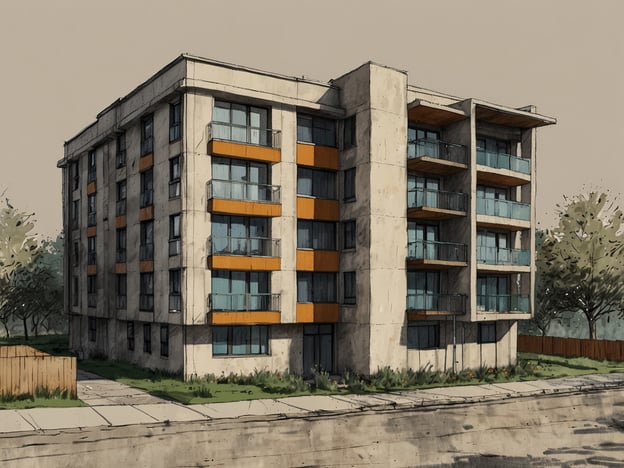 Auf dem Bild ist ein modernes Wohngebäude zu sehen. Es hat mehrere Stockwerke und große Fenster mit Balkonen. Die Fassade ist hauptsächlich aus Beton, mit orangefarbenen Akzenten. Um das Gebäude herum gibt es grüne Flächen und einige Bäume, die eine einladende Atmosphäre schaffen. Man könnte sagen, es handelt sich um eine moderne Unterkunft im Herzen von Eppendorf.