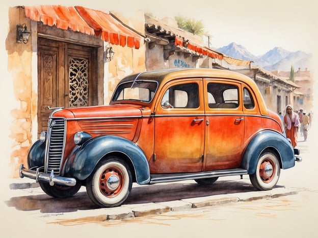 Auf dem Bild ist ein klassisches Auto, das in einem malerischen, historischen setting abgebildet ist. Die Architektur im Hintergrund deutet auf traditionelle Baustile hin, möglicherweise aus einer mediterranen oder nahöstlichen Region, erkennbar an den verzierten Türen und dem allgemeinen Baustil.Das Fahrzeug selbst, ein Oldtimer, repräsentiert eine vergangene Zeit und könnte nostalgische Gefühle wecken, da ältere Autos oft mit romantischen Vorstellungen von Reisen und Freiheit assoziiert werden. In vielen Kulturen spielen Autos eine wichtige Rolle in der Mobilität und dem sozialen Leben, oft auch als Statussymbole.Die Szenerie zeigt gleichzeitig Alltag: Menschen, die durch die Straßen gehen, was auf lebendige Traditionen und soziale Interaktionen in dieser Region hindeutet. Solche Darstellungen verbinden oft Geschichte, Kulturerbe und die Entwicklung der Gesellschaft im Laufe der Zeit.