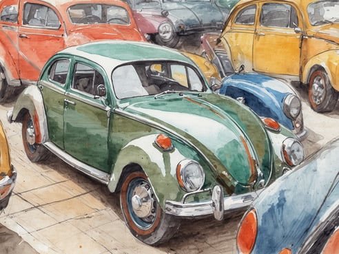 Ein klassisches deutsches Auto in grün mit weißen und orangefarbenen Akzenten steht im Vordergrund. Es wird von mehreren anderen Autos umgeben, darunter ein rotes und ein gelbes Fahrzeug im Hintergrund. Die Autos scheinen in einem Parkhaus oder auf einem Ausstellungsgelände geparkt zu sein. Die Illustration zeigt weiche, wasserfarbene Töne und verleiht der Szene eine nostalgische Stimmung, die an frühere Reiseerlebnisse erinnert.