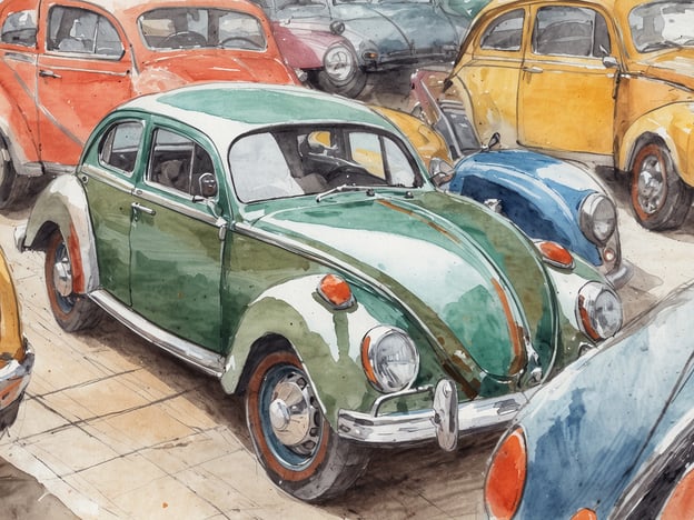 Ein klassisches deutsches Auto in grün mit weißen und orangefarbenen Akzenten steht im Vordergrund. Es wird von mehreren anderen Autos umgeben, darunter ein rotes und ein gelbes Fahrzeug im Hintergrund. Die Autos scheinen in einem Parkhaus oder auf einem Ausstellungsgelände geparkt zu sein. Die Illustration zeigt weiche, wasserfarbene Töne und verleiht der Szene eine nostalgische Stimmung, die an frühere Reiseerlebnisse erinnert.