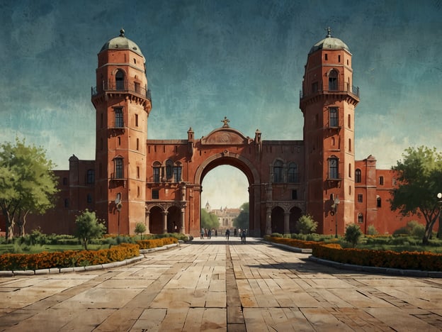 Auf dem Bild ist ein beeindruckendes architektonisches Bauwerk zu sehen, das durch seine auffälligen Türme und den großen Torbogen auffällt. Die rote Mauerfarbe und die umgebende Landschaft mit Grünanlagen und Blumenbeeten verleihen dem Gesamtbild eine einladende Atmosphäre. Diese ideal gelegene Struktur scheint in einer gut erreichbaren Umgebung zu stehen, was sie zu einem attraktiven Ziel für Besucher macht. Die Architektur könnte historisch oder kulturell bedeutsam sein, idealerweise in einem Stadtzentrum oder einem beliebten Parkbereich.