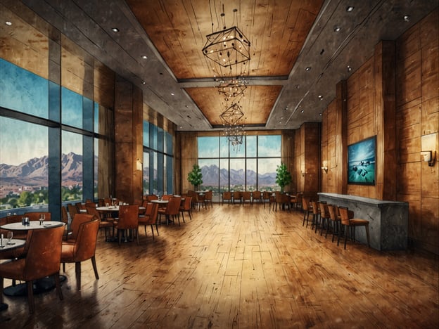 Auf dem Bild ist ein eleganter Raum zu sehen, der ideal für Tagungen und Events geeignet ist. Der Raum verfügt über große Fenster, die einen beeindruckenden Ausblick auf die Berge bieten, sowie stilvolle Möbel und eine warme Holzverkleidung. Die gemütlichen Tische und Stühle laden zu Meetings und gesellschaftlichen Veranstaltungen ein. Die moderne Beleuchtung und das geschmackvolle Design tragen zur ansprechenden Atmosphäre bei.