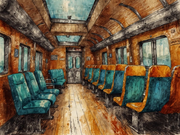 Auf dem Bild ist das Innere eines Zugabteils zu sehen. Die Sitze sind in einem angenehmen Türkisblau mit orangefarbenen Rückenteilen gehalten. Der Holzboden und die Wände sorgen für eine gemütliche Atmosphäre. Die großen Fenster bieten einen Blick nach draußen und lassen viel Licht hinein, was die Reise angenehm macht.Die Komfortable Anreise wird durch die bequemen Sitze und das großzügige Platzangebot unterstützt. Zudem ist die Erreichbarkeit durch die Fenster und die zentrale Tür gegeben, die den Zugang erleichtert. Dieses Ambiente lädt dazu ein, die Reise entspannt zu genießen.