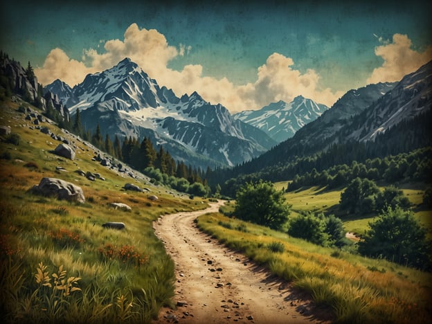 Auf dem Bild ist eine malerische Landschaft mit einem geschwungenen Weg zu sehen, der durch eine grüne Wiese führt. Im Hintergrund erheben sich majestätische Berge, deren Spitzen mit Schnee bedeckt sind. Diese Szenerie strahlt eine erholsame Stimmung aus und erinnert an eine ruhige Lage im Taunus, wo die Natur zum Entspannen und Wandern einlädt. Wolken bewegen sich sanft am Himmel, und die Umgebung wirkt idyllisch und friedlich.