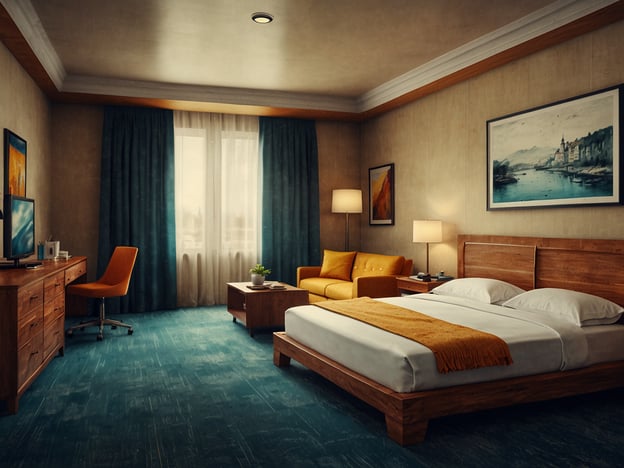Auf dem Bild ist ein modernes Hotelzimmer zu sehen. Es ist gut eingerichtet mit einem großen Bett, einem Schreibtisch und einem Fernseher. Zudem gibt es einen gemütlichen Sessel und ein kleines Tischchen. Die Fenstervorhänge sind in einer blauen Farbe gehalten, und es sind einige Kunstwerke an den Wänden zu sehen. Insgesamt strahlt der Raum eine einladende und komfortable Atmosphäre aus, ideal für verschiedene Bedürfnisse.