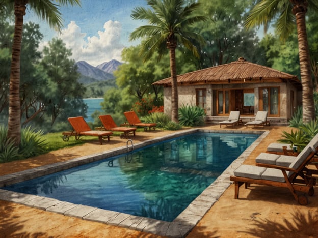 Auf dem Bild ist eine malerische Szene mit einem Pool in einer ruhigen Umgebung zu sehen. Umgeben von üppigem Grün und hohen Palmen strahlen die Liegen Entspannung und Erholung aus. Das Wasser im Pool lädt ein, ein erfrischendes Bad zu nehmen oder einfach nur die Seele baumeln zu lassen. Das Haus im Hintergrund vermittelt eine gemütliche Atmosphäre, ideal für Wohlfühlmomente. Diese Szenerie ist perfekt für Genuss und Entspannung von Körper und Geist.
