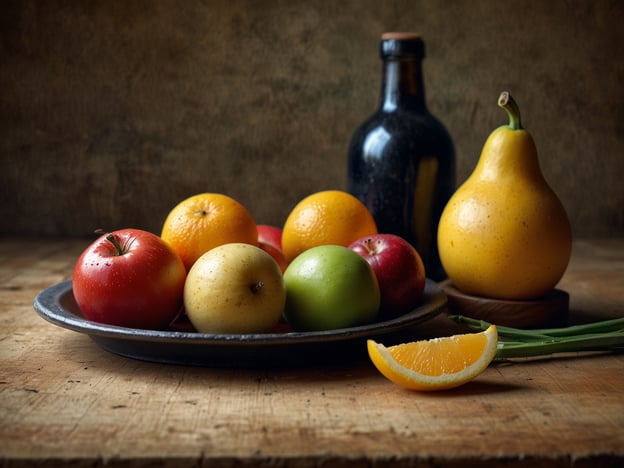 Auf dem Bild ist eine Auswahl von frischen Früchten zu sehen, darunter verschiedene Äpfel in rot und grün, eine Birne und eine orange. Diese geschmackvollen Früchte könnten in einem Restaurant wie „Villa Gans“ als Teil eines frischen Obstsalats oder als ansprechende Beilage zu feinsten Speisen serviert werden. Die Kombination der unterschiedlichen Farben und Texturen bringt nicht nur Geschmack, sondern auch Eleganz auf den Tisch. Ein Glas frisch gepresster Orangensaft würde das kulinarische Erlebnis perfekt abrunden.