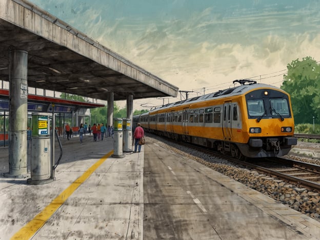 Auf dem Bild ist eine Bahnhofsansicht zu sehen. Ein Zug mit einer orangefarbenen Lackierung steht an einem Bahnsteig. Es gibt mehrere Reisende, die sich um den Bahnhof bewegen. Der Bahnhof hat ein überdachtes Wartebereich und an einigen Säulen sind Informationsanzeigen zu erkennen. Die Umgebung wirkt einladend und ist grün bewachsen. Der ganze Eindruck ist freundlich und zugänglich für Reisende.