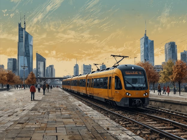 Auf dem Bild ist eine moderne Straßenbahn oder S-Bahn zu sehen, die in einer urbanen Umgebung fährt. Im Hintergrund sind verschiedene Hochhäuser und moderne Gebäude, die Frankfurt charakterisieren, erkennbar. Die gesamte Szene vermittelt eine lebendige Stadtatmosphäre mit vielen Fußgängern, die sich entlang der Gleise bewegen.Die Anbindung an Frankfurt und die Umgebung ist optimal, da Frankfurt über ein weitreichendes und gut verknüpftes Verkehrsnetz verfügt, welches Straßenbahnen, S-Bahnen und regionale Züge umfasst. Dies ermöglicht es den Bewohnern und Besuchern, leicht zwischen dem Stadtzentrum und den umliegenden Regionen zu pendeln.