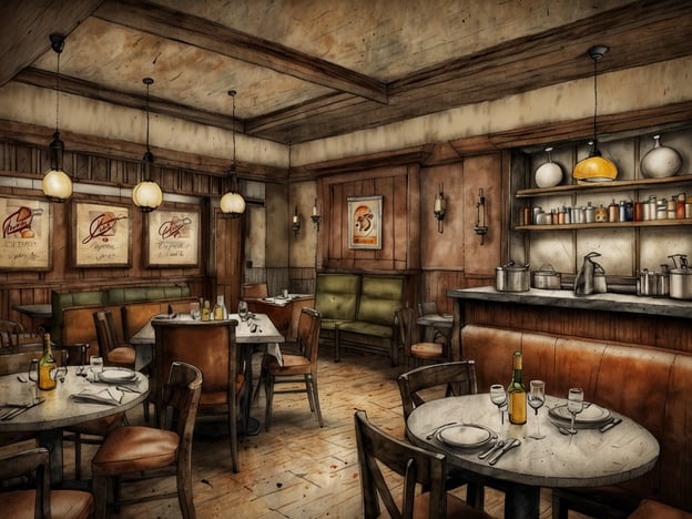 Auf dem Bild ist ein gemütliches Hotelrestaurant zu sehen. Die Einrichtung ist rustikal und einladend, mit Holzdetails und warmen Farben. Die Tische sind liebevoll gedeckt, und es gibt eine Auswahl an Stühlen, die den Gästen komfortable Sitzmöglichkeiten bieten. An den Wänden hängen kunstvolle Plakate, die eine kulinarische Vielfalt andeuten. Der Bereich hinter der Theke wirkt gut ausgestattet, mit verschiedenen Kochutensilien und Gewürzen, was darauf hindeutet, dass die Küche ein breites Spektrum an Gerichten zubereiten kann. Die Atmosphäre strahlt eine freundliche und gesellige Stimmung aus, ideal für ein kulinarisches Erlebnis im Hotel.