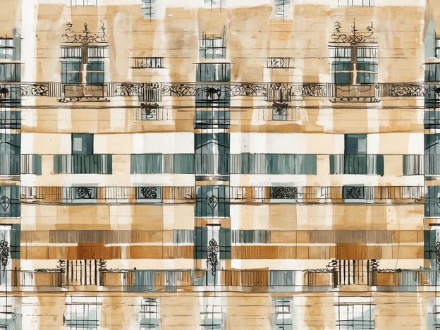Ein stilisiertes Architekturdesign zeigt die Fassade eines eleganten Gebäudes mit mehreren Fenstern und Balkonen. Die Farbpalette umfasst sanfte Erdtöne sowie Grüntöne. Die Balkone sind mit kunstvollen Eisengeländern verziert und einige Fenster sind farbig gehalten. Die Zeichnung vermittelt ein Gefühl von Raffinesse und urbanem Charme, was zur kulinarischen Atmosphäre auf der Gulfood 2025 im Fairmont The Palm passt.