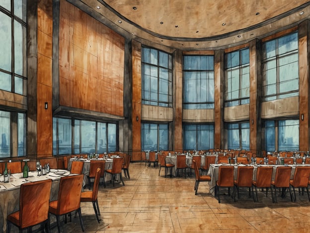Auf dem Bild ist ein eleganter Tagungs- und Eventraum für geschäftliche Anlässe zu sehen. Der Raum verfügt über große Fenster, die viel natürliches Licht hereinlassen und einen Blick auf die Stadt bieten. Die Tische sind schön gedeckt und mit weißen Tischdecken sowie Geschirr ausgestattet. Die Stühle sind in einem warmen Farbton gehalten, was eine einladende Atmosphäre schafft. Insgesamt vermittelt der Raum einen modernen und professionellen Eindruck, ideal für Konferenzen, Seminare oder Catering-Events.