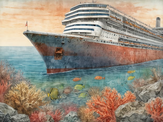 Ein historischer Ozeandampfer liegt majestätisch im Wasser, dessen Unterwasserseite bereits von Korallen überzogen ist. Um das Schiff schwimmen bunte Fische, die durch die farbenfrohen Korallenriffe umgeben sind. Die Szenerie ist in sanften Farbnuancen gehalten, mit einem warmen Himmel, der den Eindruck von Ruhe und natürlicher Schönheit vermittelt. Die untere Bildhälfte zeigt lebendige Korallen in verschiedenen Formen und Farben, die den maritimen Lebensraum ansprechend gestalten.