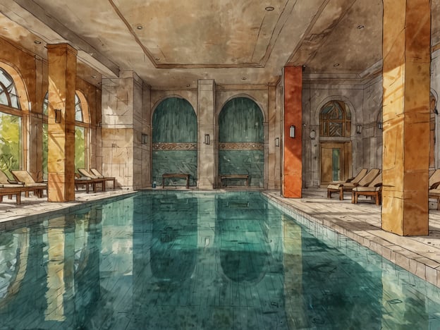 Auf dem Bild ist ein eleganter Innenbereich mit einem großen Swimmingpool zu sehen. Die Architektur ist freundlich und großzügig gestaltet, mit großen Fenstern, die natürliches Licht hereinlassen. Bequeme Liegen stehen am Rand des Pools, was eine einladende Atmosphäre für Wellness und Entspannung im Nassauer Hof schafft. Der Raum strahlt Ruhe und Erholung aus, perfekt für eine Auszeit vom Alltag.